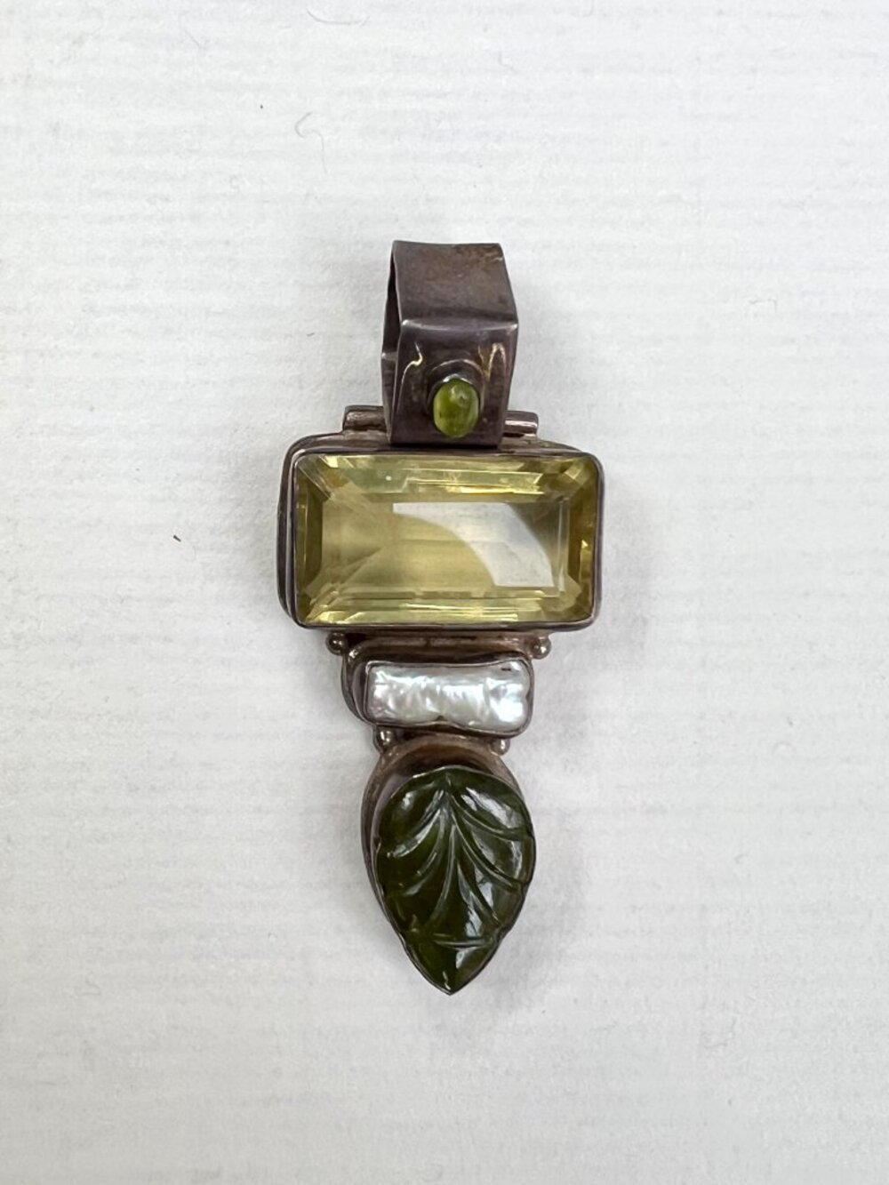 Handmade Large Pendant Multiple Gems Pearl Jade Topaz? Sterling Silver